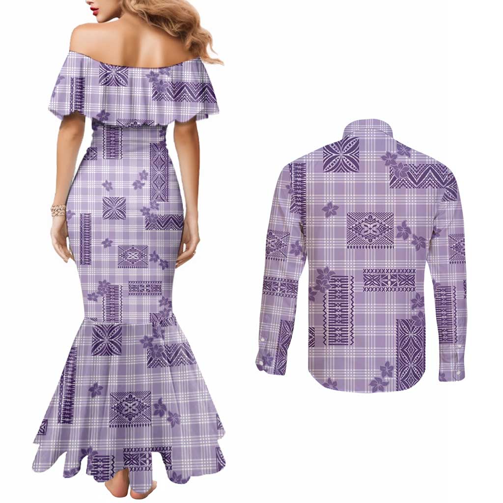 Hawaiian Quilt Tapa On Lilac Palaka Motifs Couples Matching Mermaid Dress and Long Sleeve Button Shirt LT7 - Polynesian Pride