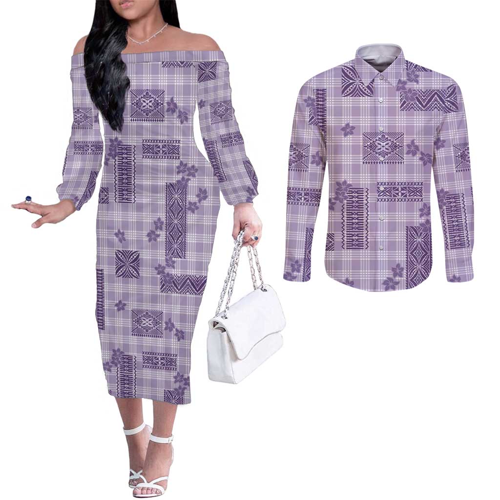 Hawaiian Quilt Tapa On Lilac Palaka Motifs Couples Matching Off The Shoulder Long Sleeve Dress and Long Sleeve Button Shirt