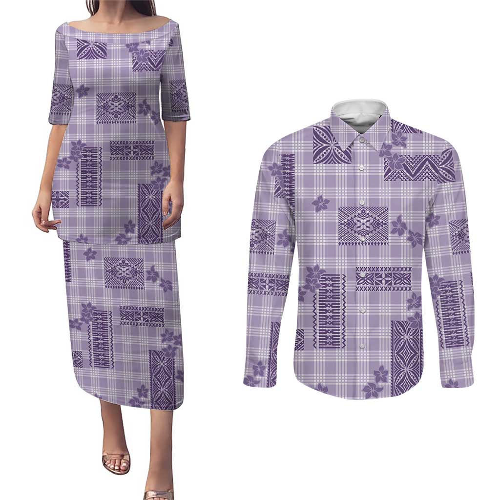 Hawaiian Quilt Tapa On Lilac Palaka Motifs Couples Matching Puletasi and Long Sleeve Button Shirt