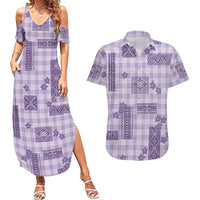Hawaiian Quilt Tapa On Lilac Palaka Motifs Couples Matching Summer Maxi Dress and Hawaiian Shirt