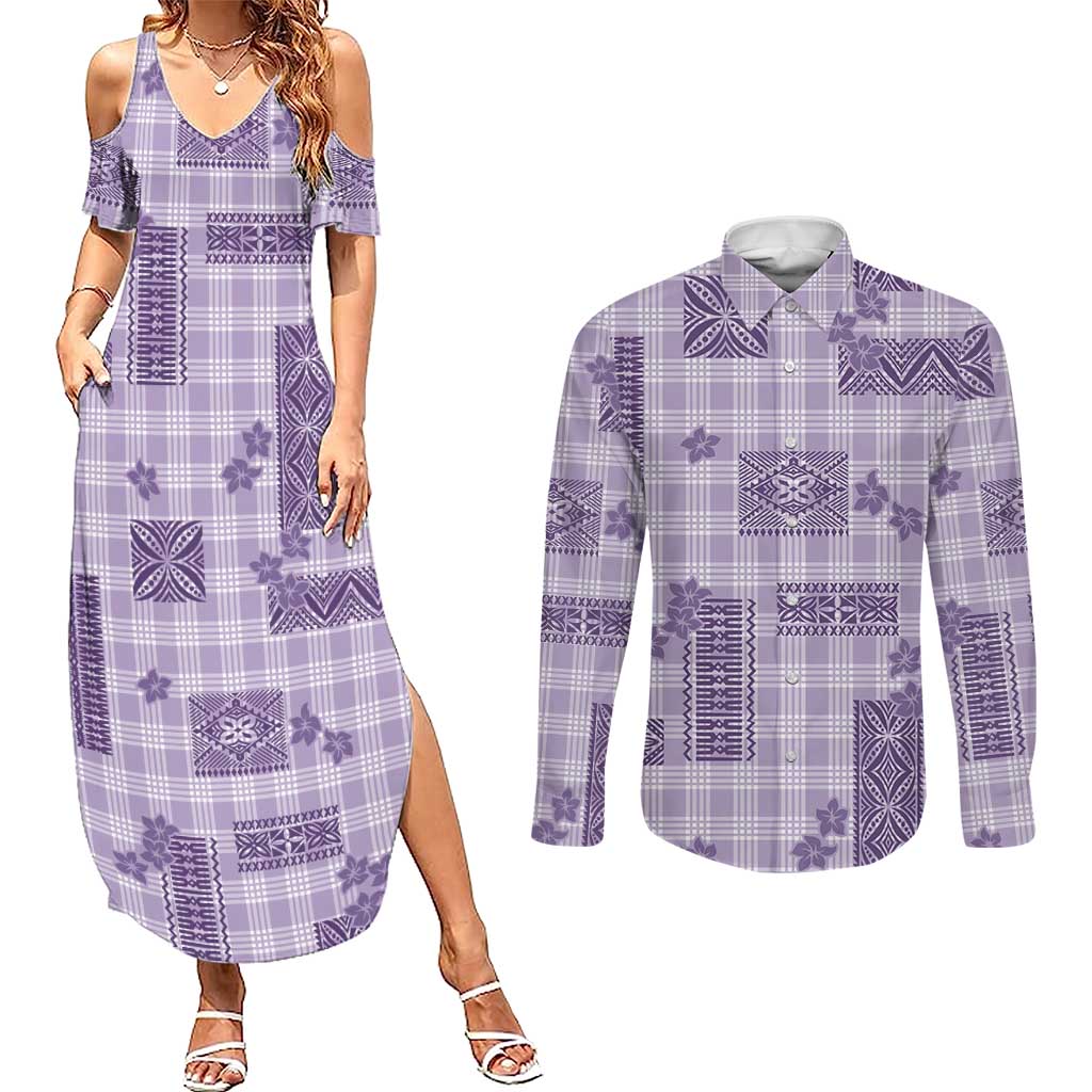 Hawaiian Quilt Tapa On Lilac Palaka Motifs Couples Matching Summer Maxi Dress and Long Sleeve Button Shirt