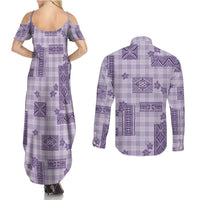 Hawaiian Quilt Tapa On Lilac Palaka Motifs Couples Matching Summer Maxi Dress and Long Sleeve Button Shirt
