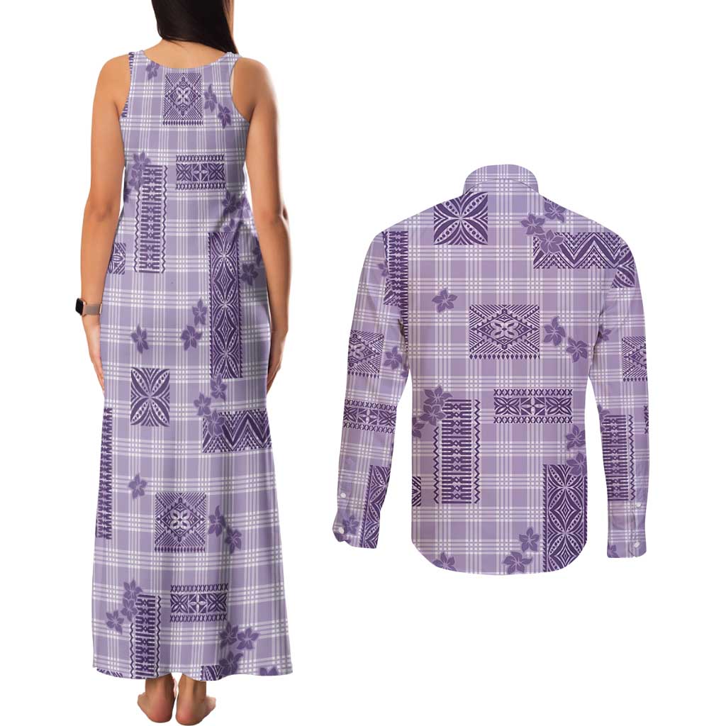 Hawaiian Quilt Tapa On Lilac Palaka Motifs Couples Matching Tank Maxi Dress and Long Sleeve Button Shirt