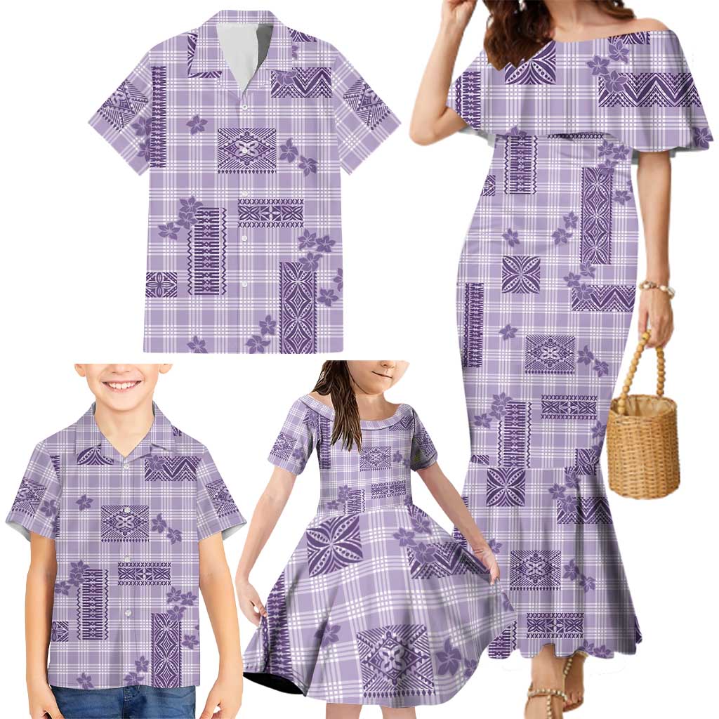 Hawaiian Quilt Tapa On Lilac Palaka Motifs Family Matching Mermaid Dress and Hawaiian Shirt