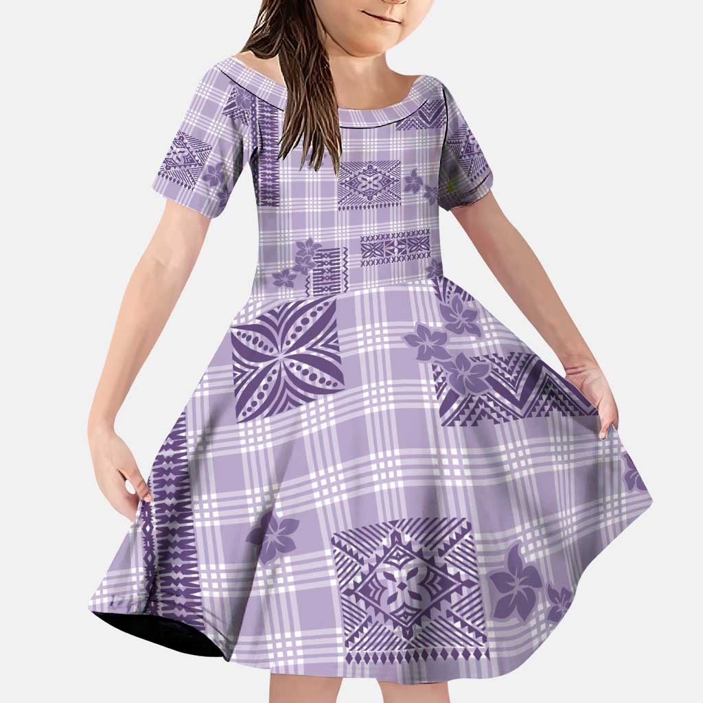 Hawaiian Quilt Tapa On Lilac Palaka Motifs Family Matching Off Shoulder Maxi Dress and Hawaiian Shirt LT7 Daughter's Dress Lilac - Polynesian Pride