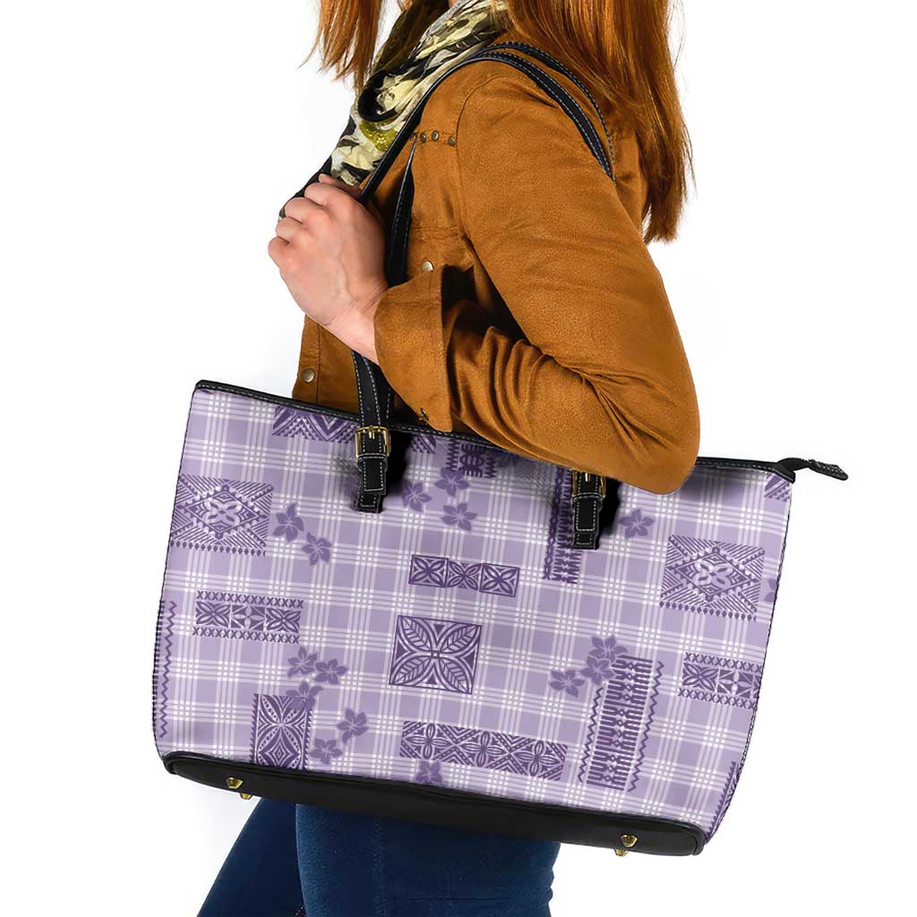Hawaiian Quilt Tapa On Lilac Palaka Motifs Leather Tote Bag