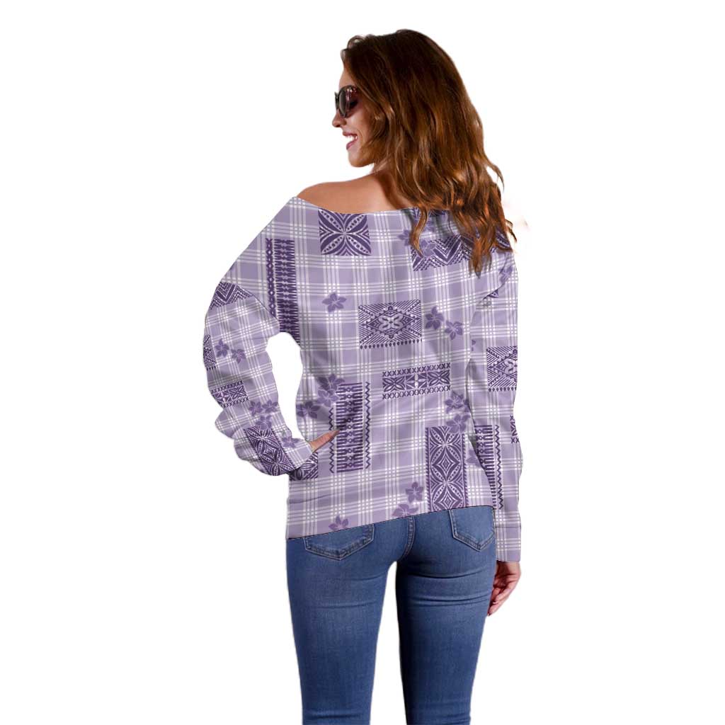 Hawaiian Quilt Tapa On Lilac Palaka Motifs Off Shoulder Sweater