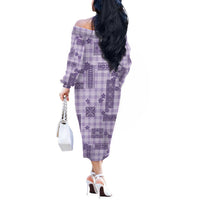 Hawaiian Quilt Tapa On Lilac Palaka Motifs Off The Shoulder Long Sleeve Dress