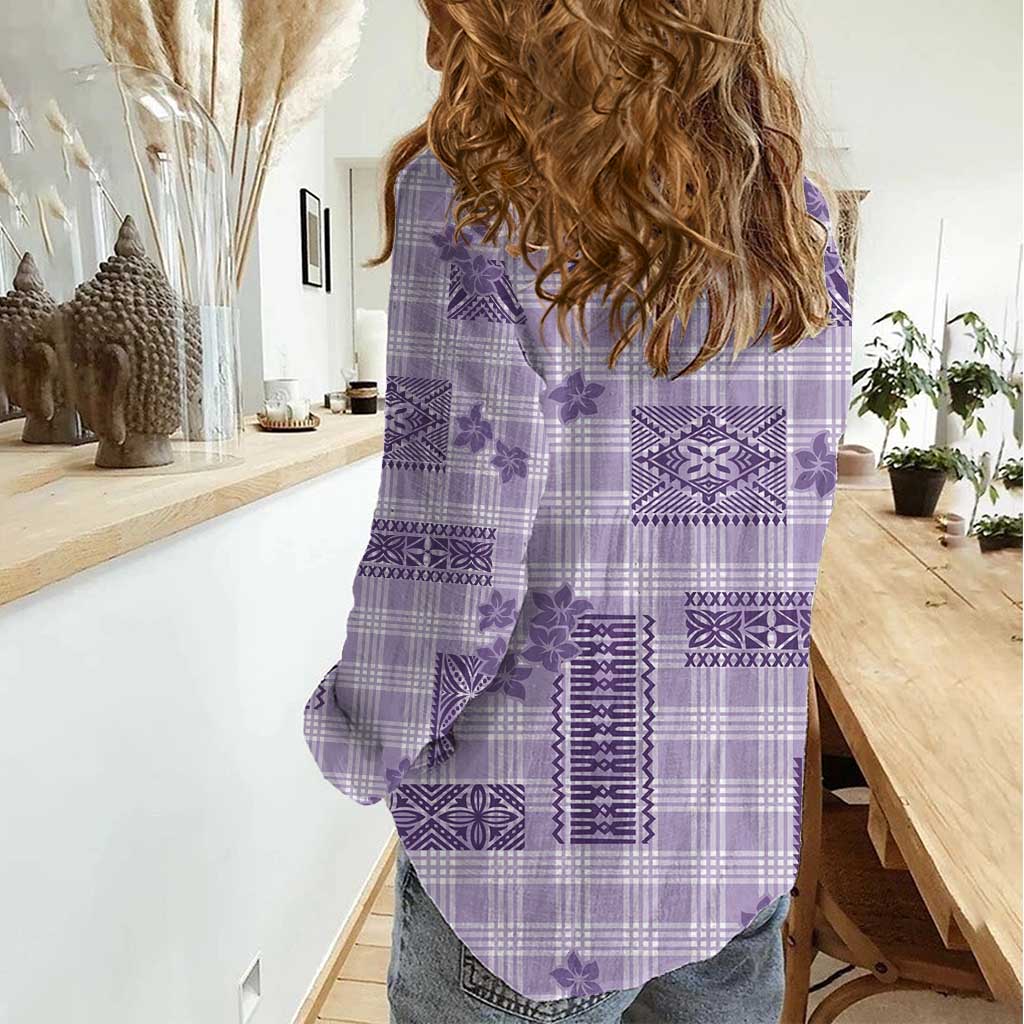 Hawaiian Quilt Tapa On Lilac Palaka Motifs Women Casual Shirt