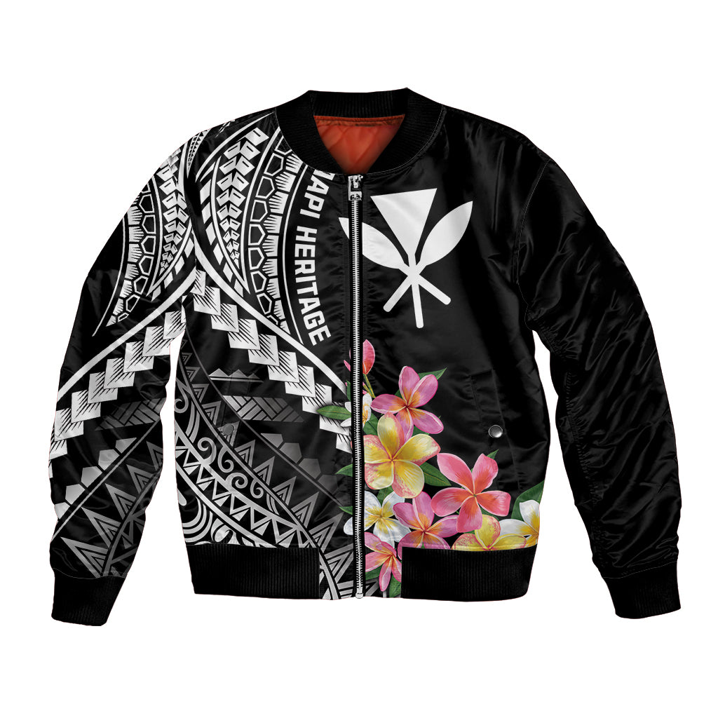 AAPI Heritage Month Bomber Jacket Kanaka Hawaii Plumeria LT7 Unisex Black - Polynesian Pride