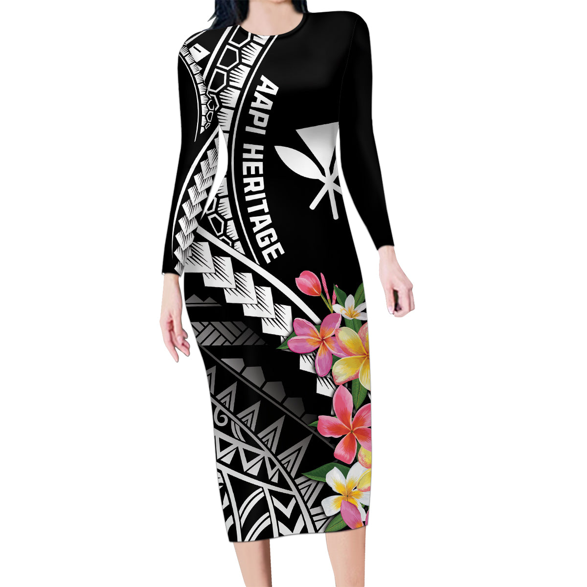 AAPI Heritage Month Family Matching Long Sleeve Bodycon Dress and Hawaiian Shirt Kanaka Hawaii Plumeria LT7 Mom's Dress Black - Polynesian Pride