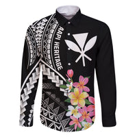 AAPI Heritage Month Family Matching Off The Shoulder Long Sleeve Dress and Hawaiian Shirt Kanaka Hawaii Plumeria LT7 Dad's Shirt - Long Sleeve Black - Polynesian Pride