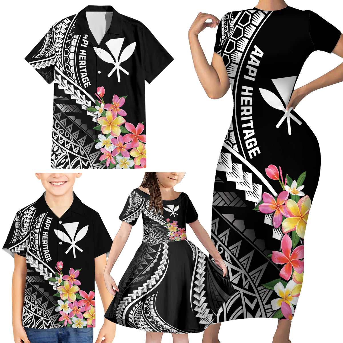 AAPI Heritage Month Family Matching Short Sleeve Bodycon Dress and Hawaiian Shirt Kanaka Hawaii Plumeria LT7 - Polynesian Pride