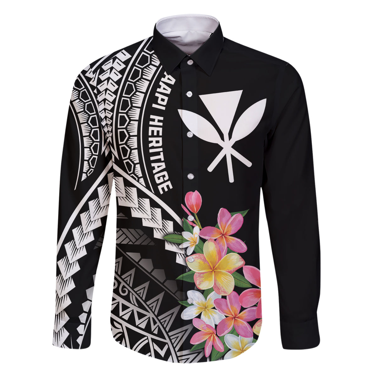 AAPI Heritage Month Family Matching Short Sleeve Bodycon Dress and Hawaiian Shirt Kanaka Hawaii Plumeria LT7 Dad's Shirt - Long Sleeve Black - Polynesian Pride