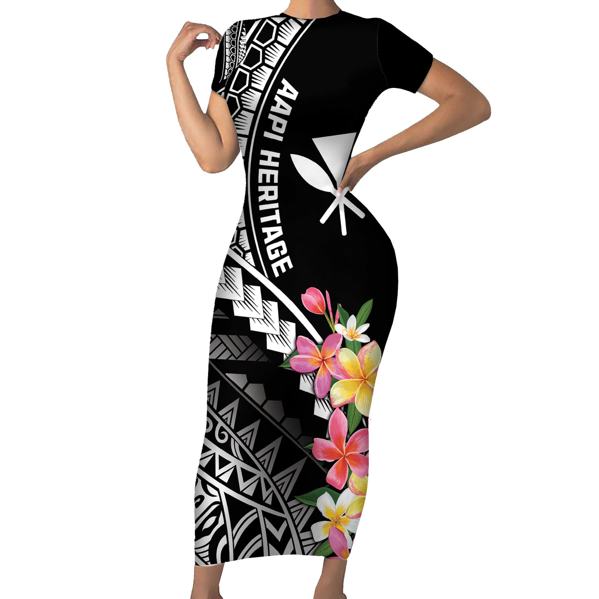 AAPI Heritage Month Family Matching Short Sleeve Bodycon Dress and Hawaiian Shirt Kanaka Hawaii Plumeria LT7 Mom's Dress Black - Polynesian Pride