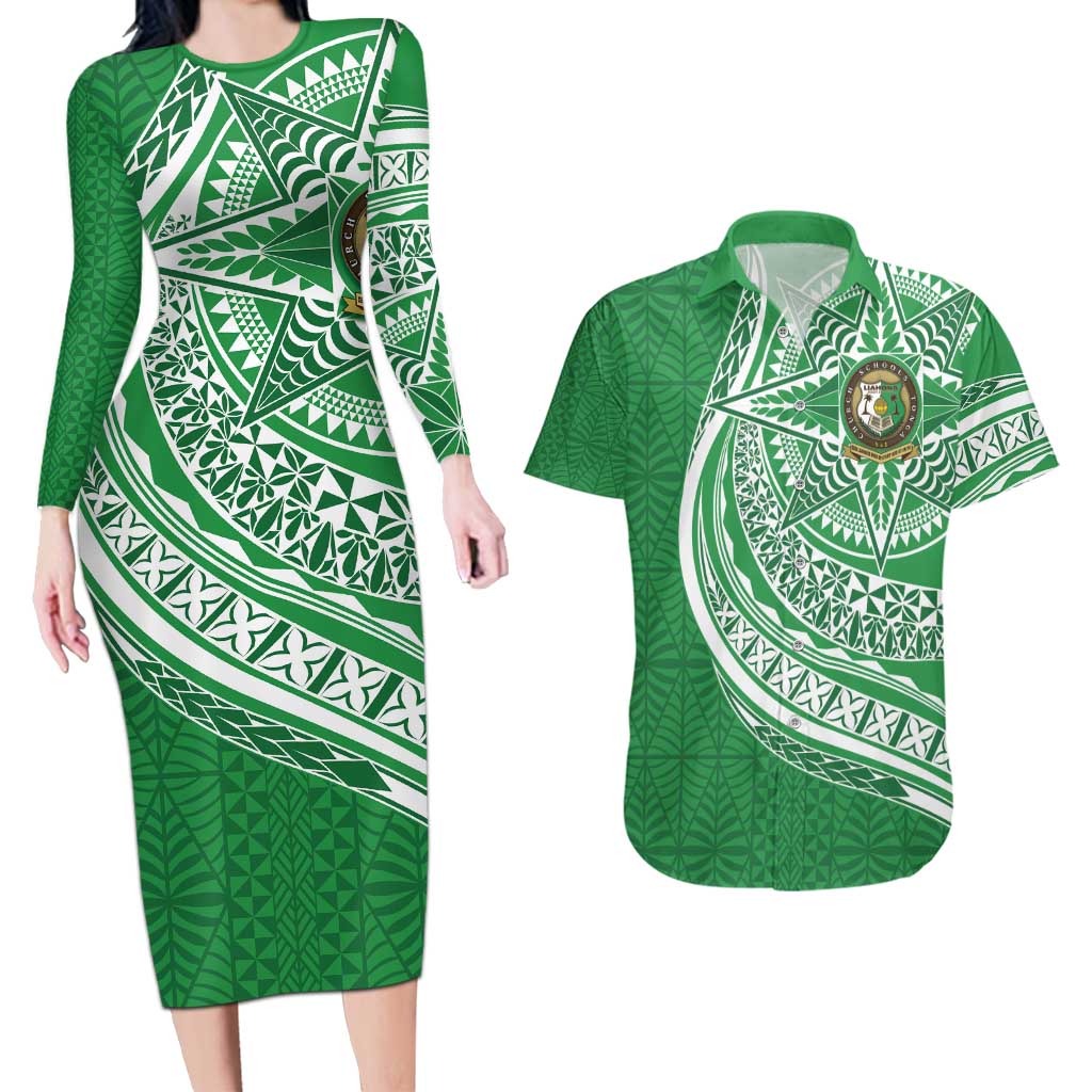 Tonga Liahona High School Personalized Couples Matching Long Sleeve Bodycon Dress and Hawaiian Shirt Ngatu Tokelaufeletoa Motifs LT7 Green - Polynesian Pride