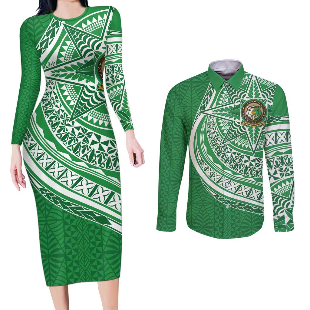 Tonga Liahona High School Personalized Couples Matching Long Sleeve Bodycon Dress and Long Sleeve Button Shirt Ngatu Tokelaufeletoa Motifs LT7 Green - Polynesian Pride