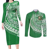 Tonga Liahona High School Personalized Couples Matching Long Sleeve Bodycon Dress and Long Sleeve Button Shirt Ngatu Tokelaufeletoa Motifs LT7 Green - Polynesian Pride