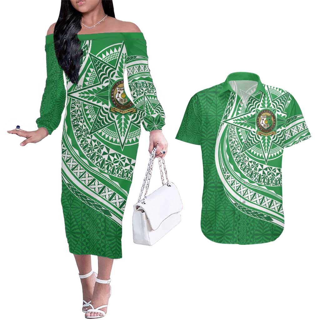 Tonga Liahona High School Personalized Couples Matching Off The Shoulder Long Sleeve Dress and Hawaiian Shirt Ngatu Tokelaufeletoa Motifs LT7 Green - Polynesian Pride