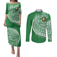 Tonga Liahona High School Personalized Couples Matching Puletasi and Long Sleeve Button Shirt Ngatu Tokelaufeletoa Motifs