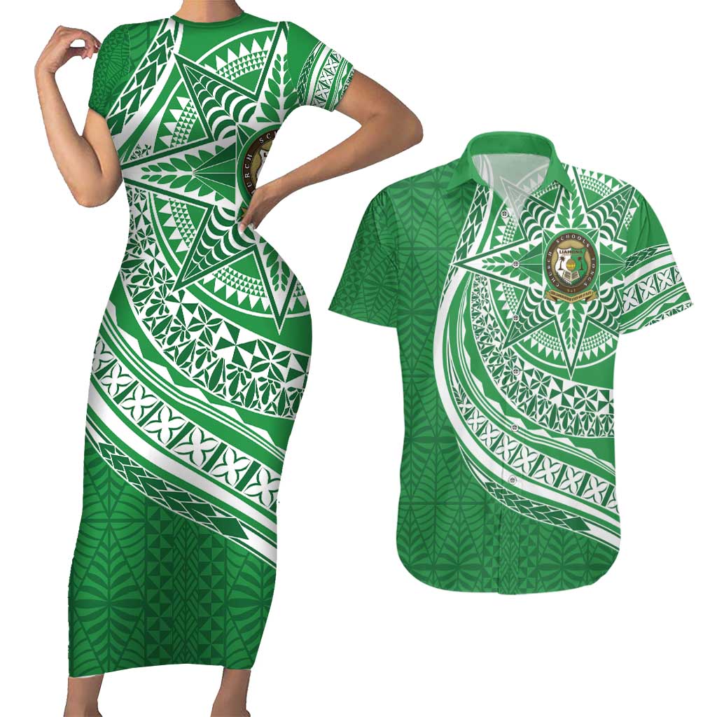 Tonga Liahona High School Personalized Couples Matching Short Sleeve Bodycon Dress and Hawaiian Shirt Ngatu Tokelaufeletoa Motifs LT7 Green - Polynesian Pride