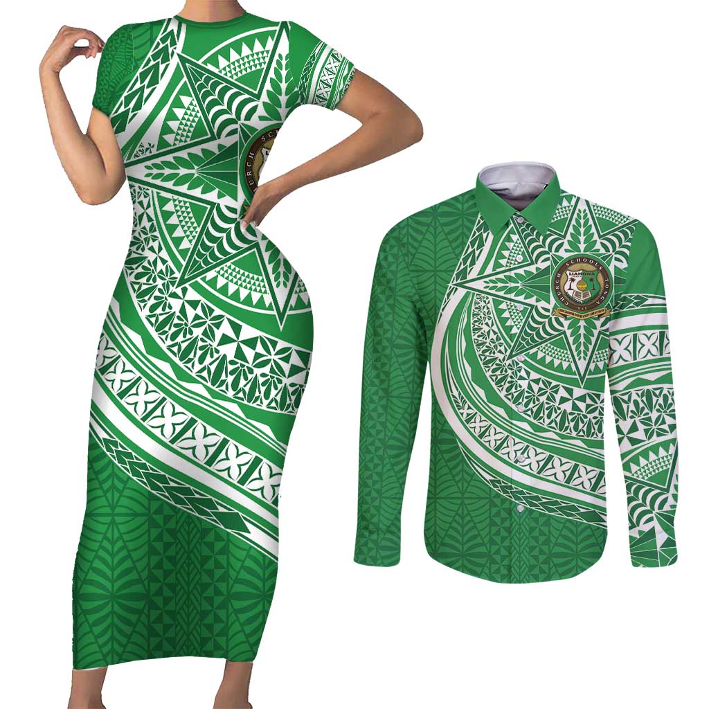 Tonga Liahona High School Personalized Couples Matching Short Sleeve Bodycon Dress and Long Sleeve Button Shirt Ngatu Tokelaufeletoa Motifs LT7 Green - Polynesian Pride