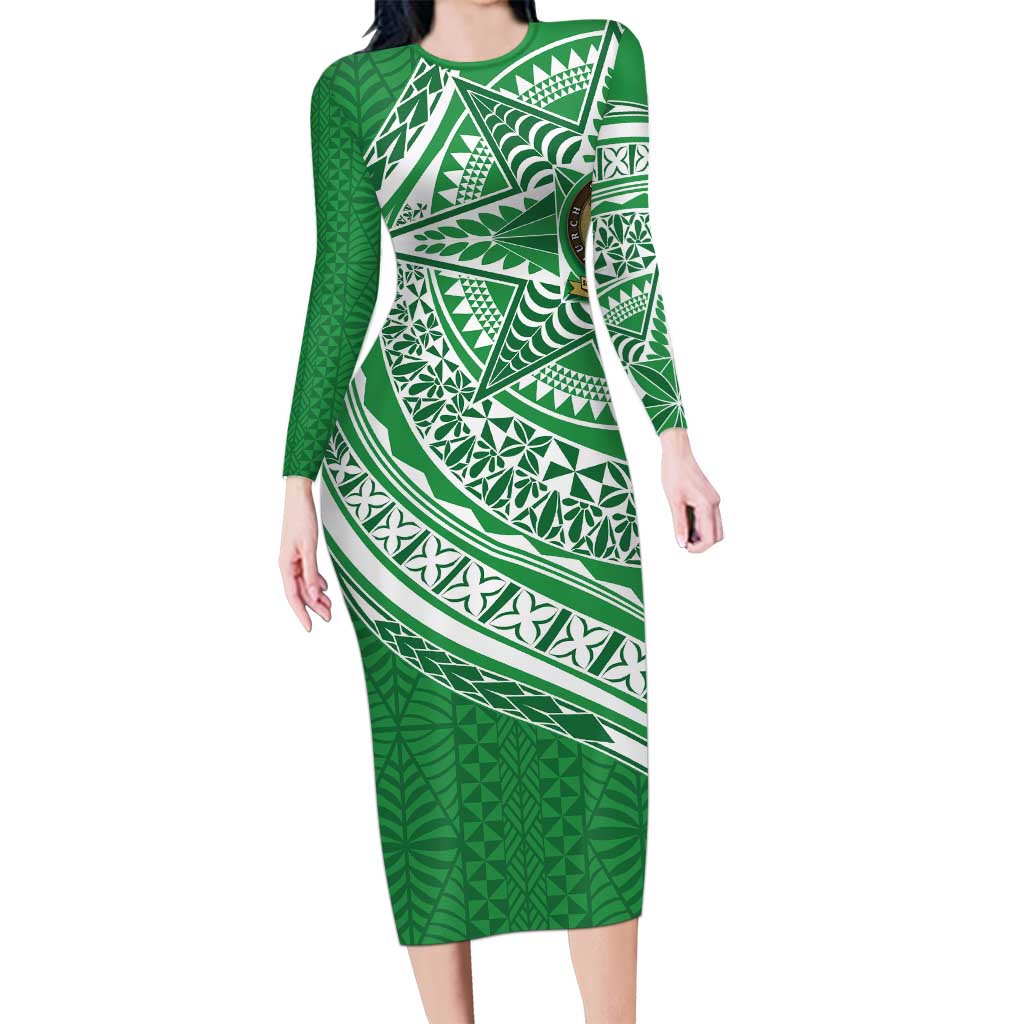 Tonga Liahona High School Personalized Family Matching Long Sleeve Bodycon Dress and Hawaiian Shirt Ngatu Tokelaufeletoa Motifs LT7 Mom's Dress Green - Polynesian Pride