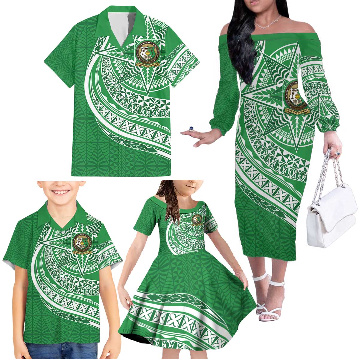 Tonga Liahona High School Personalized Family Matching Off The Shoulder Long Sleeve Dress and Hawaiian Shirt Ngatu Tokelaufeletoa Motifs LT7 - Polynesian Pride