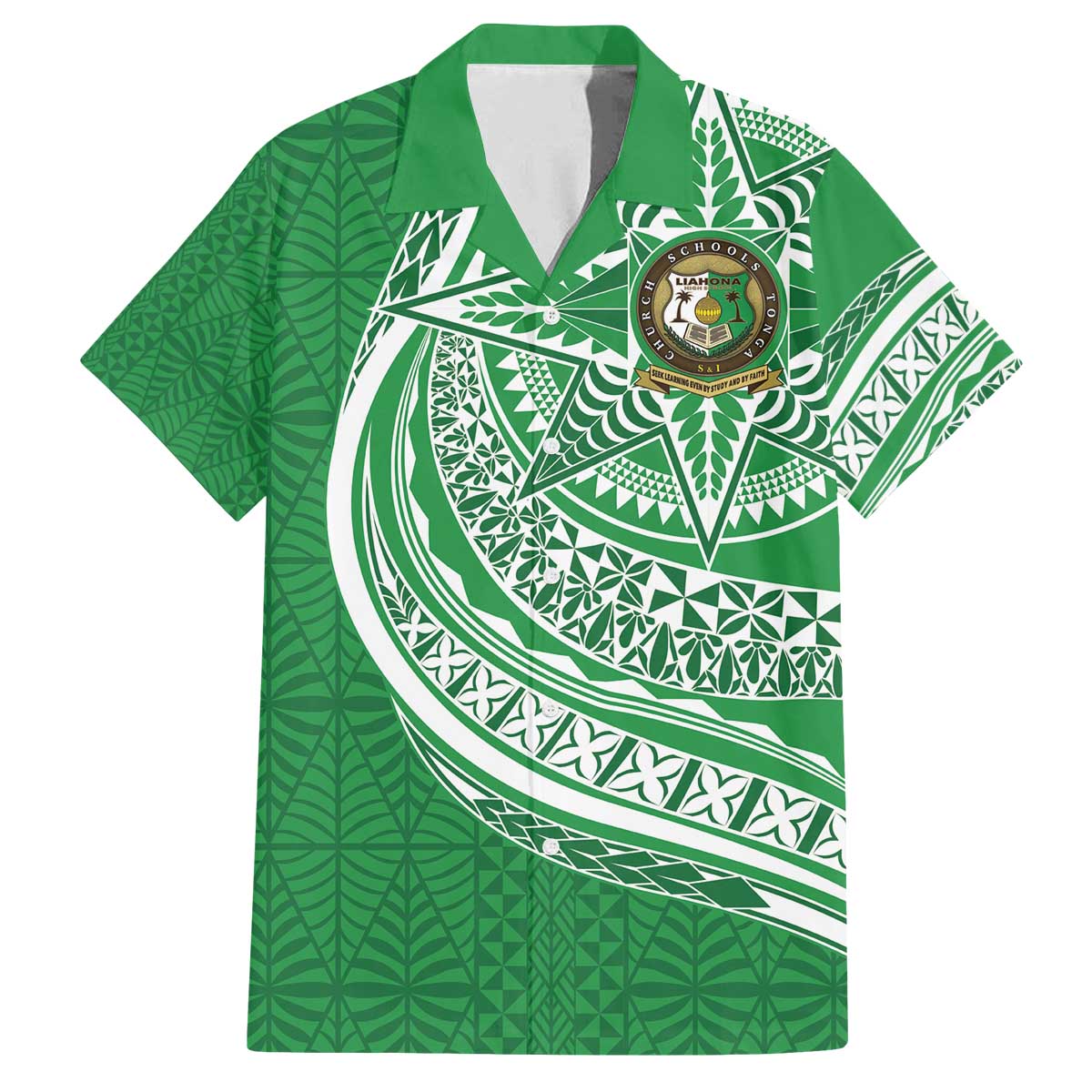 Tonga Liahona High School Personalized Family Matching Off The Shoulder Long Sleeve Dress and Hawaiian Shirt Ngatu Tokelaufeletoa Motifs LT7 Dad's Shirt - Short Sleeve Green - Polynesian Pride