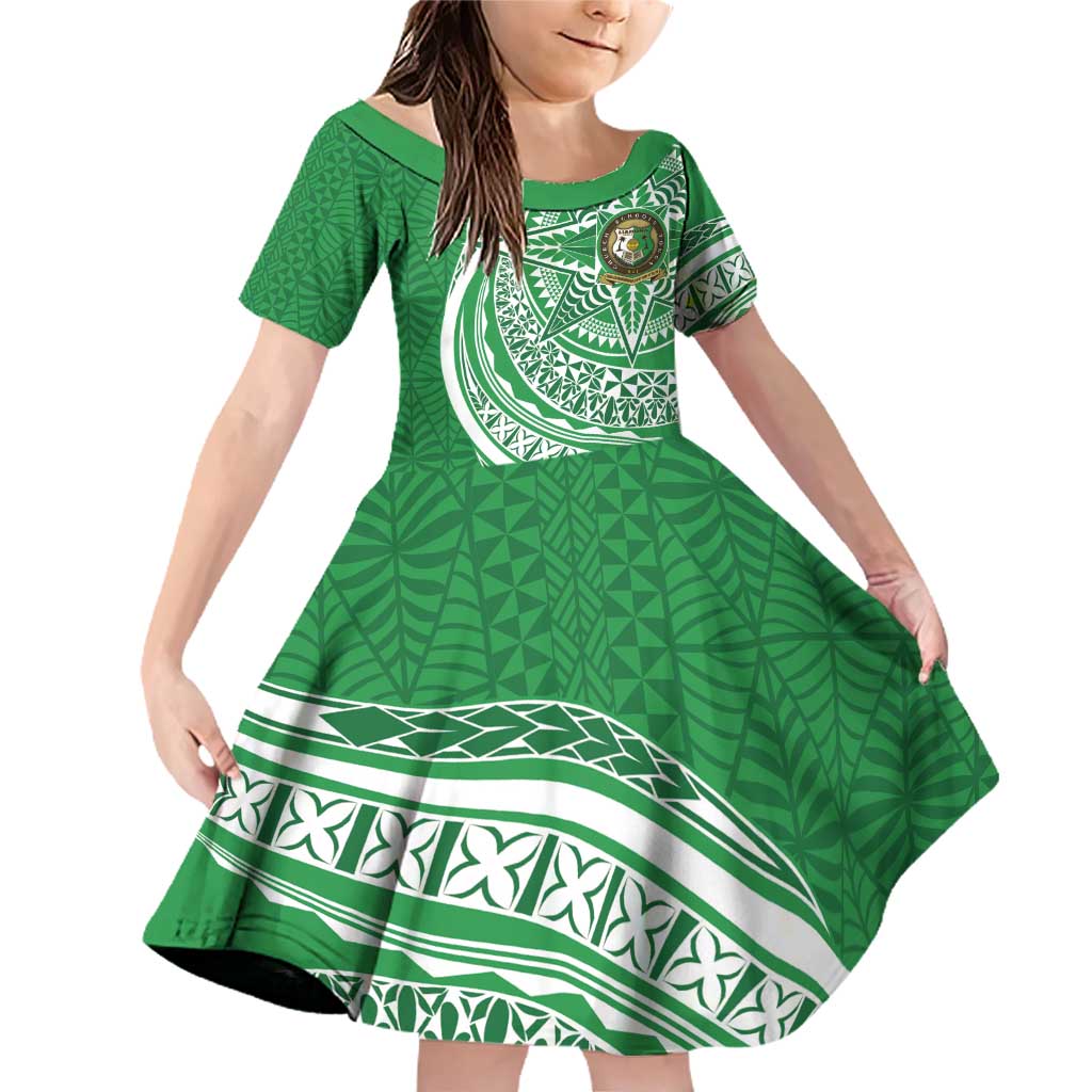 Tonga Liahona High School Personalized Family Matching Off Shoulder Short Dress and Hawaiian Shirt Ngatu Tokelaufeletoa Motifs LT7 Daughter's Dress Green - Polynesian Pride