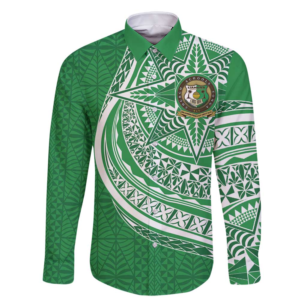 Tonga Liahona High School Personalized Family Matching Summer Maxi Dress and Hawaiian Shirt Ngatu Tokelaufeletoa Motifs LT7 Dad's Shirt - Long Sleeve Green - Polynesian Pride