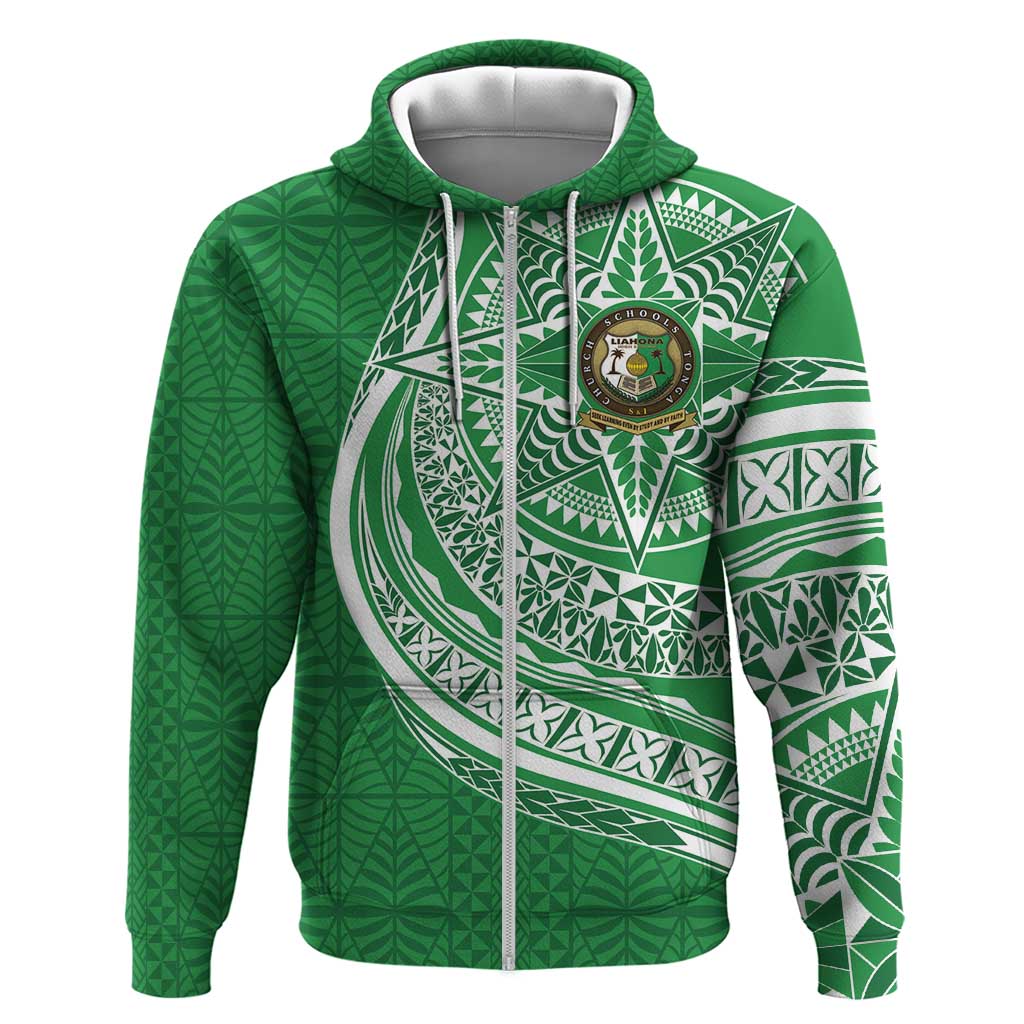 Tonga Liahona High School Personalized Zip Hoodie Ngatu Tokelaufeletoa Motifs LT7 Zip Hoodie Green - Polynesian Pride
