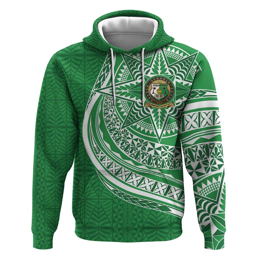 Tonga Liahona High School Personalized Zip Hoodie Ngatu Tokelaufeletoa Motifs LT7 Pullover Hoodie Green - Polynesian Pride