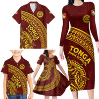Tonga High School Family Matching Long Sleeve Bodycon Dress and Hawaiian Shirt THS Anniversary Ngatu Motif LT7 - Polynesian Pride