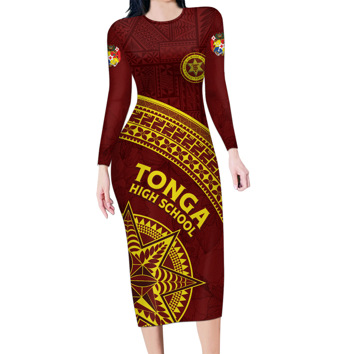 Tonga High School Family Matching Long Sleeve Bodycon Dress and Hawaiian Shirt THS Anniversary Ngatu Motif LT7 Mom's Dress Maroon - Polynesian Pride