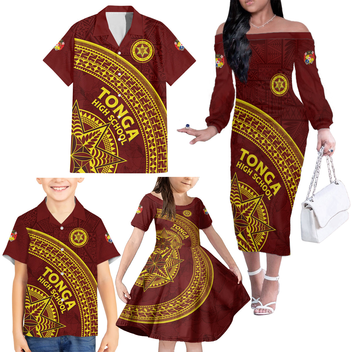 Tonga High School Family Matching Off The Shoulder Long Sleeve Dress and Hawaiian Shirt THS Anniversary Ngatu Motif LT7 - Polynesian Pride