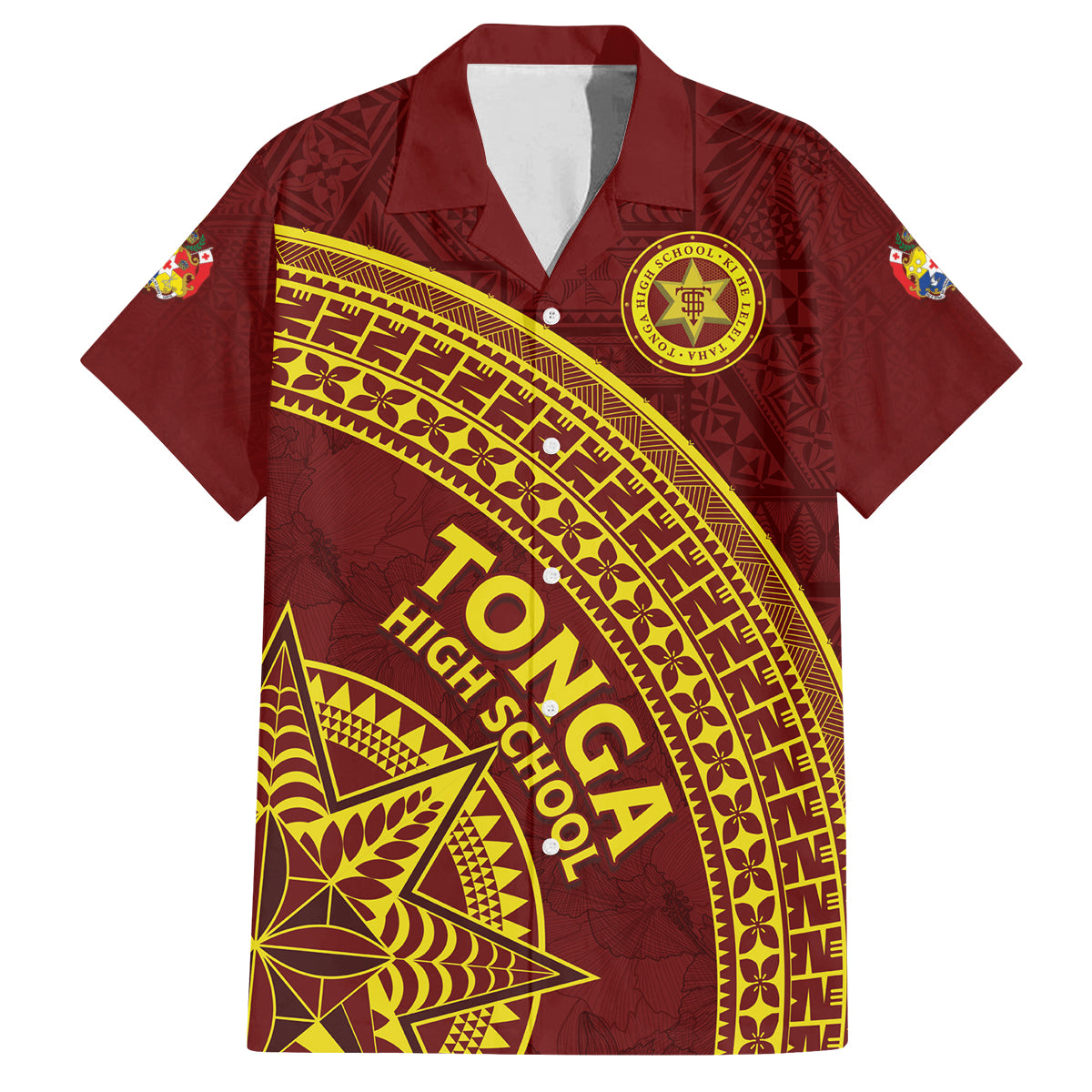 Tonga High School Family Matching Off The Shoulder Long Sleeve Dress and Hawaiian Shirt THS Anniversary Ngatu Motif LT7 Dad's Shirt - Short Sleeve Maroon - Polynesian Pride