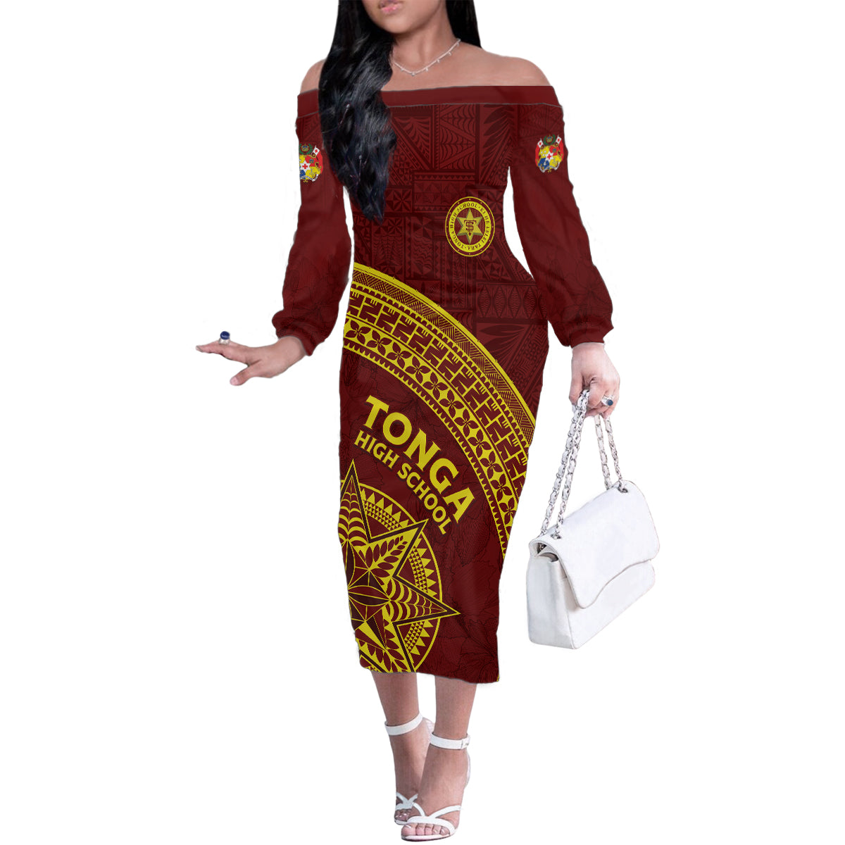 Tonga High School Family Matching Off The Shoulder Long Sleeve Dress and Hawaiian Shirt THS Anniversary Ngatu Motif LT7 Mom's Dress Maroon - Polynesian Pride