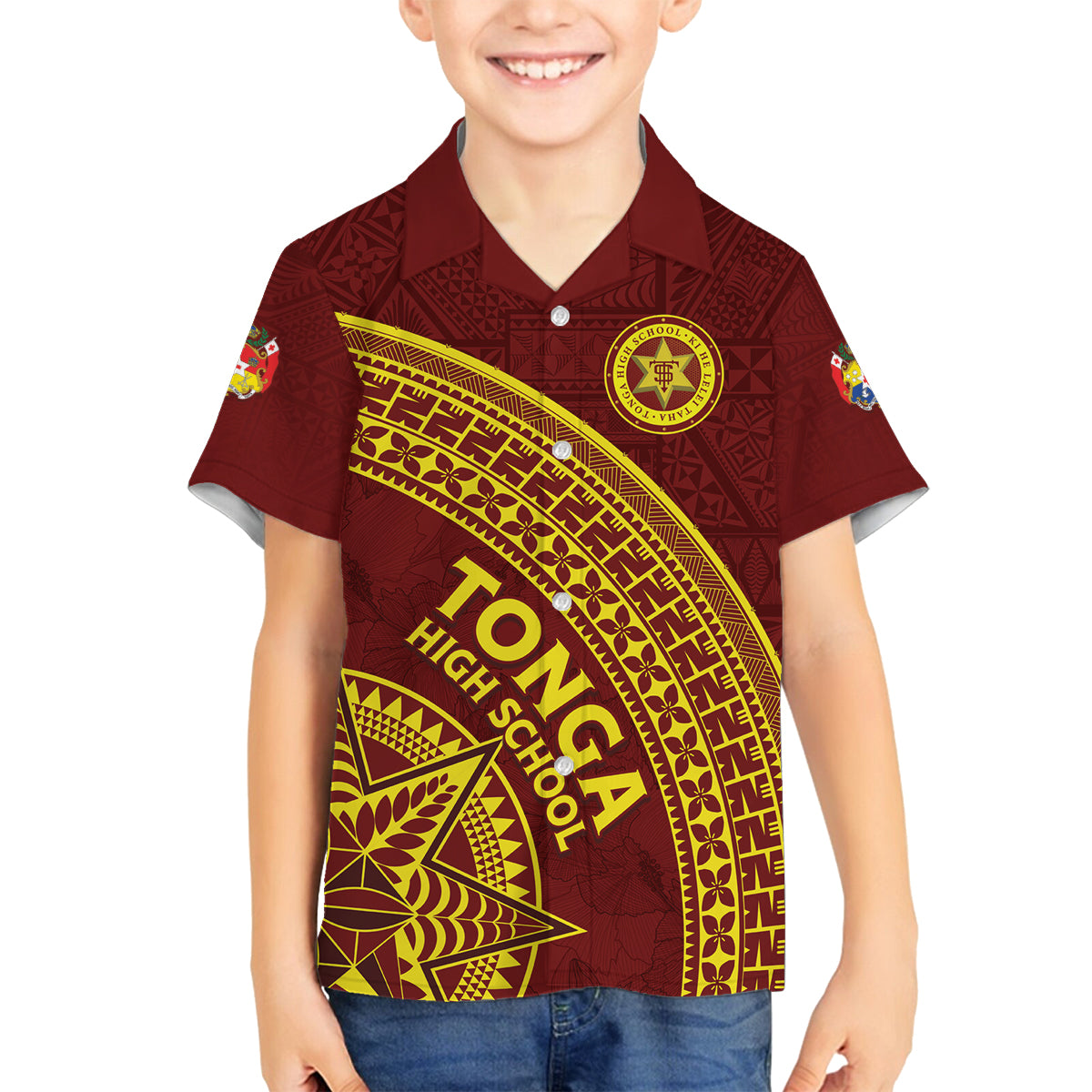 Tonga High School Family Matching Off The Shoulder Long Sleeve Dress and Hawaiian Shirt THS Anniversary Ngatu Motif LT7 Son's Shirt Maroon - Polynesian Pride