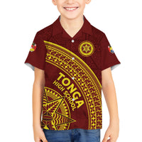 Tonga High School Family Matching Off Shoulder Maxi Dress and Hawaiian Shirt THS Anniversary Ngatu Motif LT7 Son's Shirt Maroon - Polynesian Pride