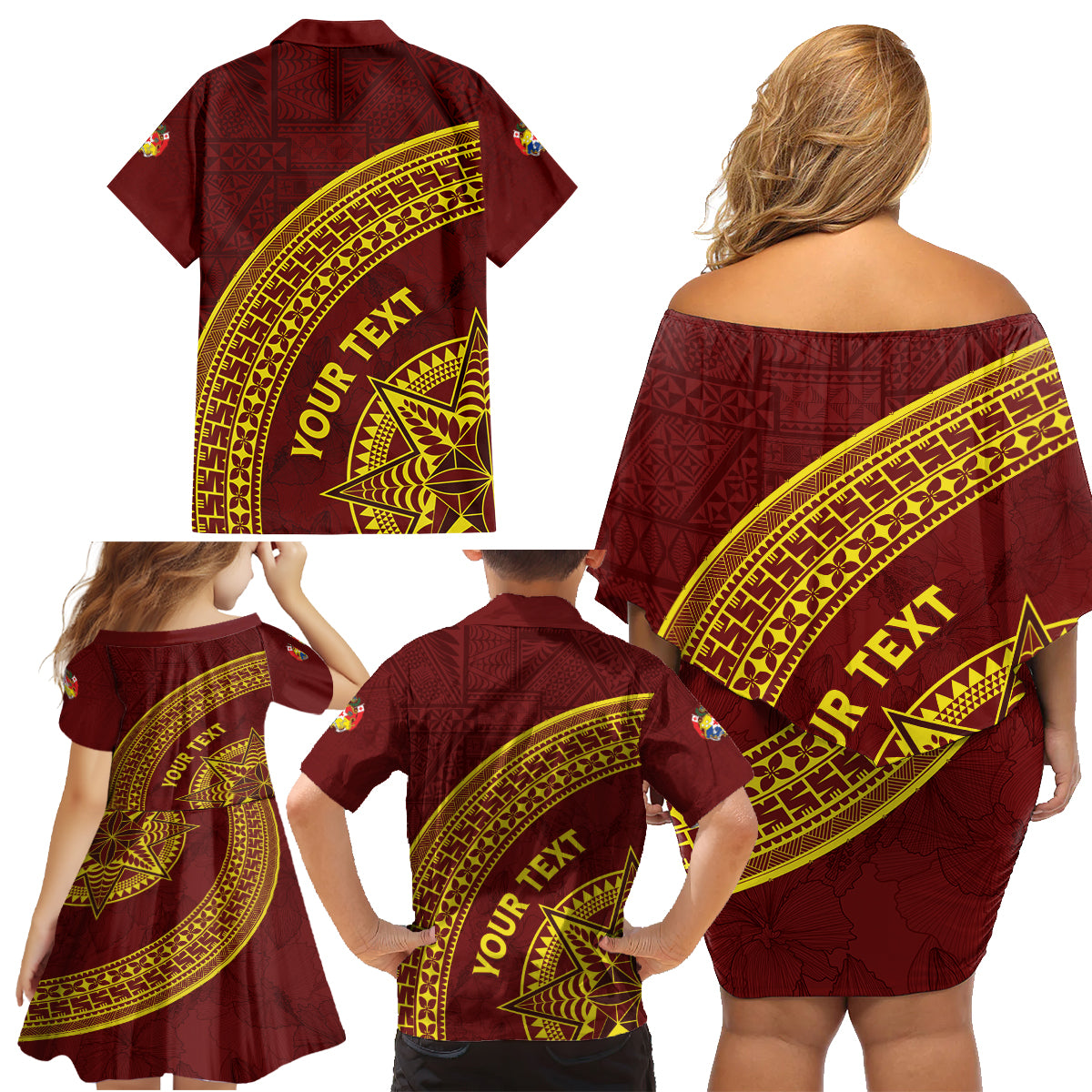 Tonga High School Family Matching Off Shoulder Short Dress and Hawaiian Shirt THS Anniversary Ngatu Motif LT7 - Polynesian Pride