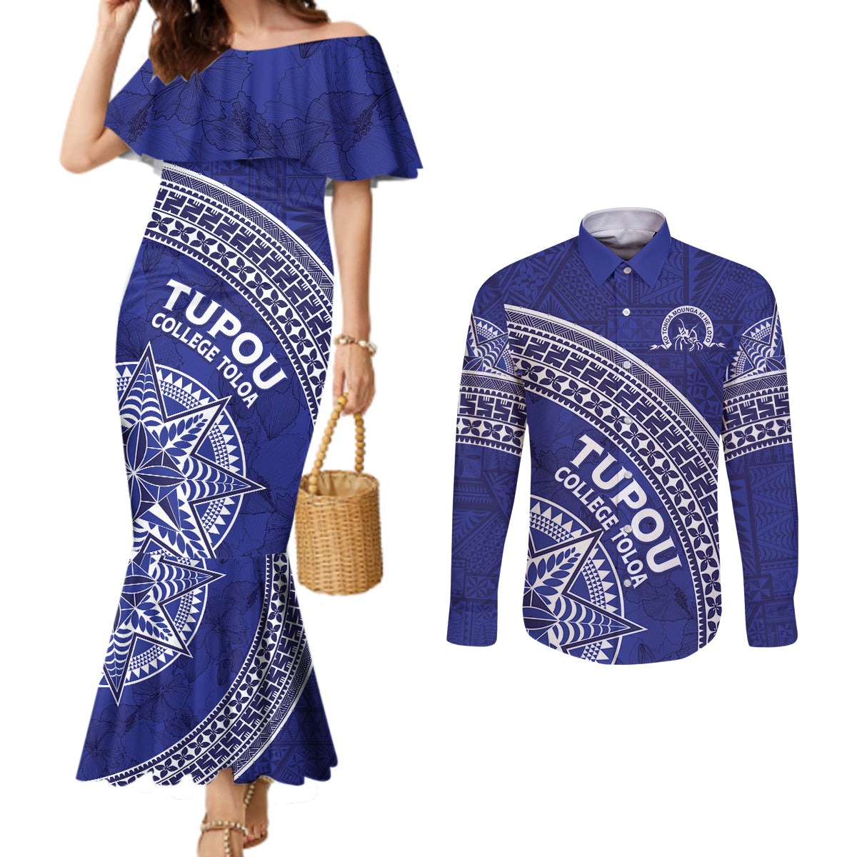 Tupou College Toloa Couples Matching Mermaid Dress and Long Sleeve Button Shirt Ngatu Tapa Mix Style