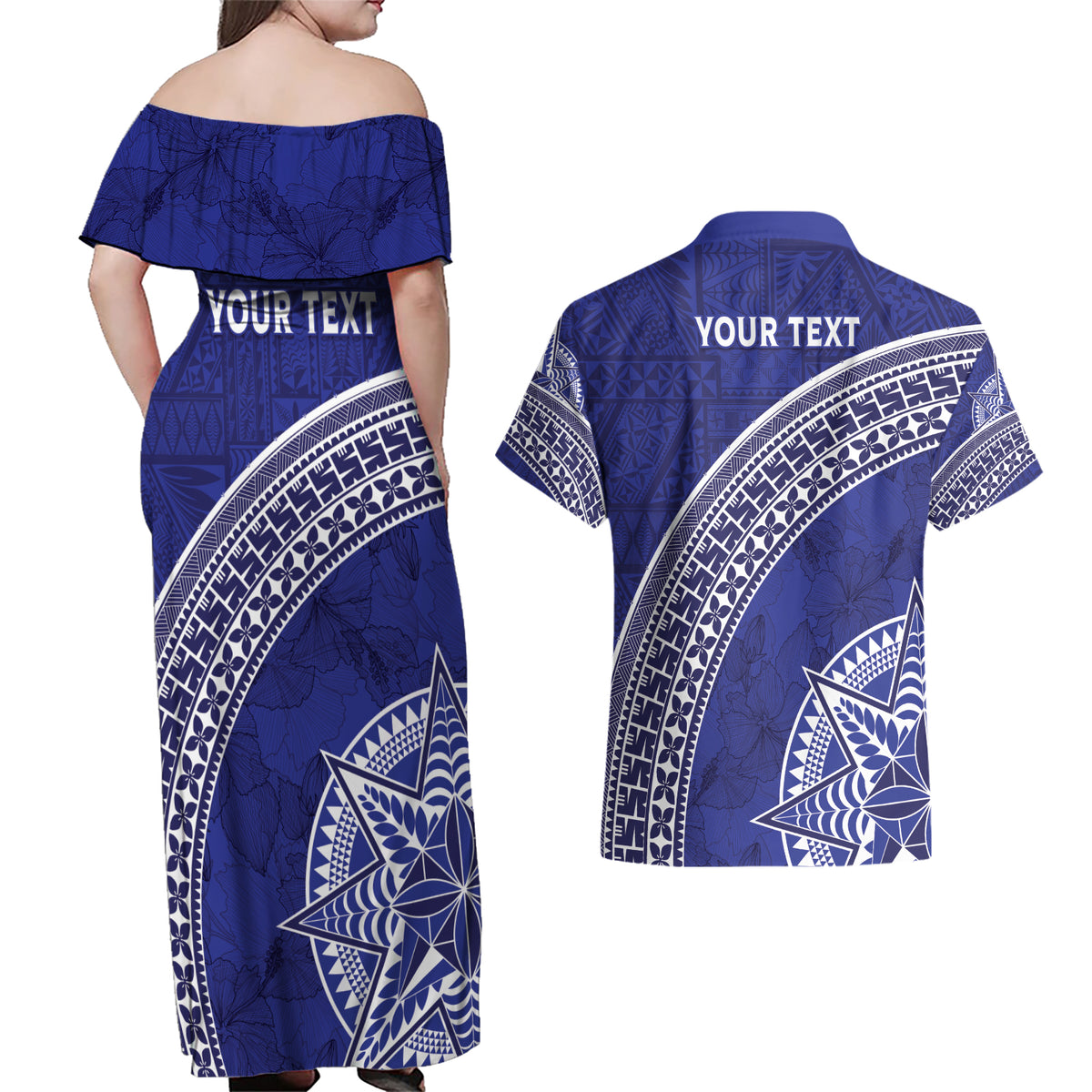 Tupou College Toloa Couples Matching Off Shoulder Maxi Dress and Hawaiian Shirt Ngatu Tapa Mix Style