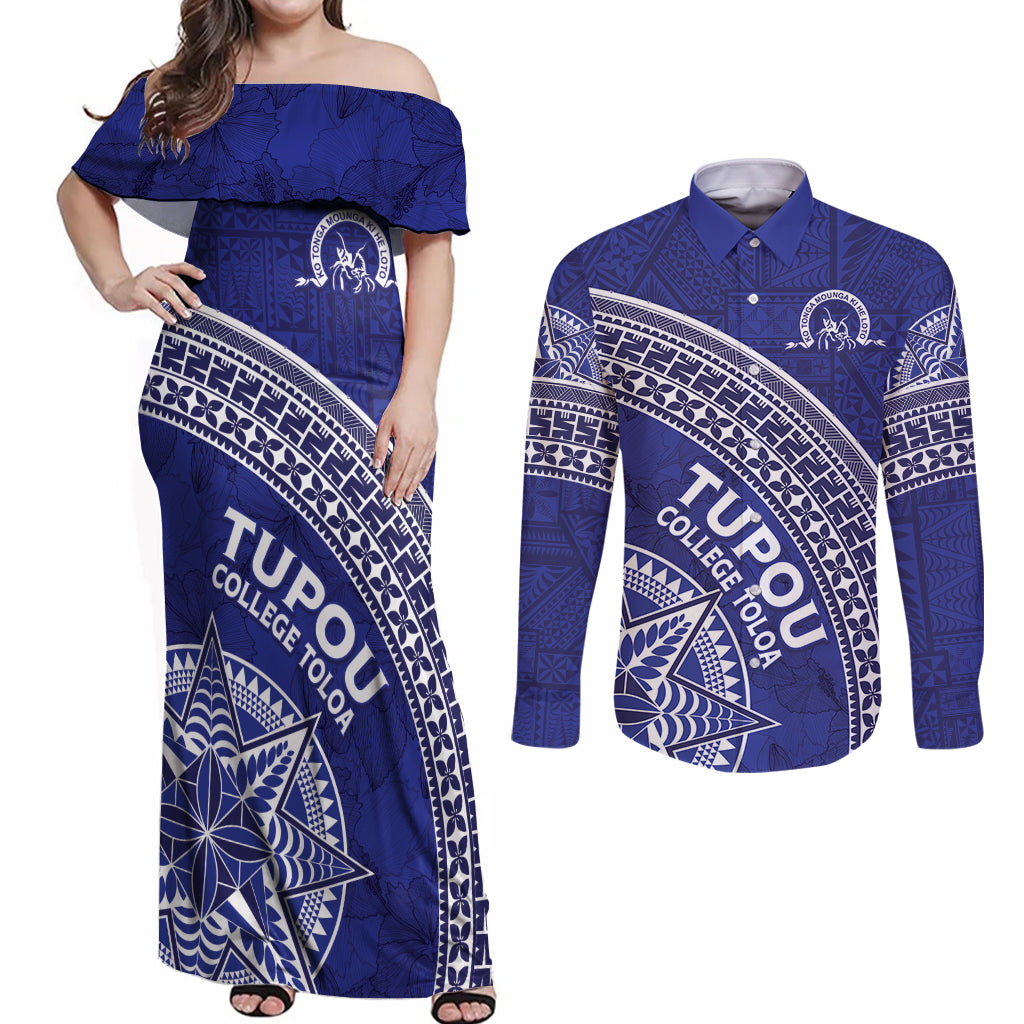 Tupou College Toloa Couples Matching Off Shoulder Maxi Dress and Long Sleeve Button Shirt Ngatu Tapa Mix Style