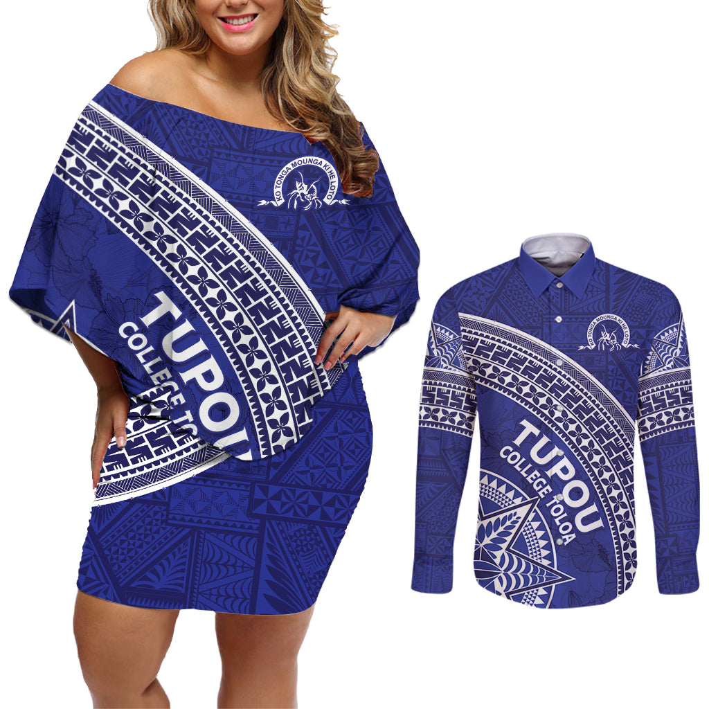 Tupou College Toloa Couples Matching Off Shoulder Short Dress and Long Sleeve Button Shirt Ngatu Tapa Mix Style