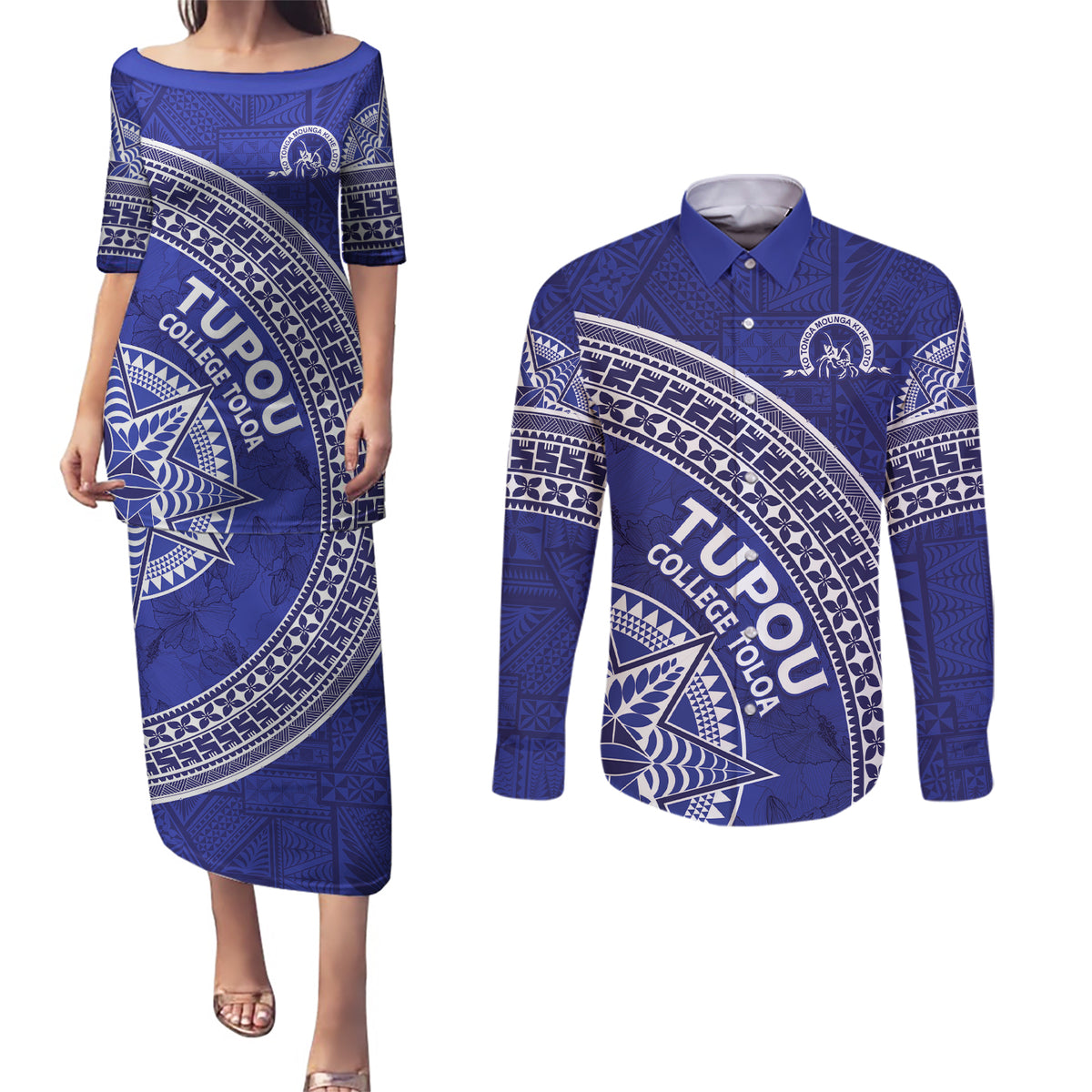 Tupou College Toloa Couples Matching Puletasi and Long Sleeve Button Shirt Ngatu Tapa Mix Style