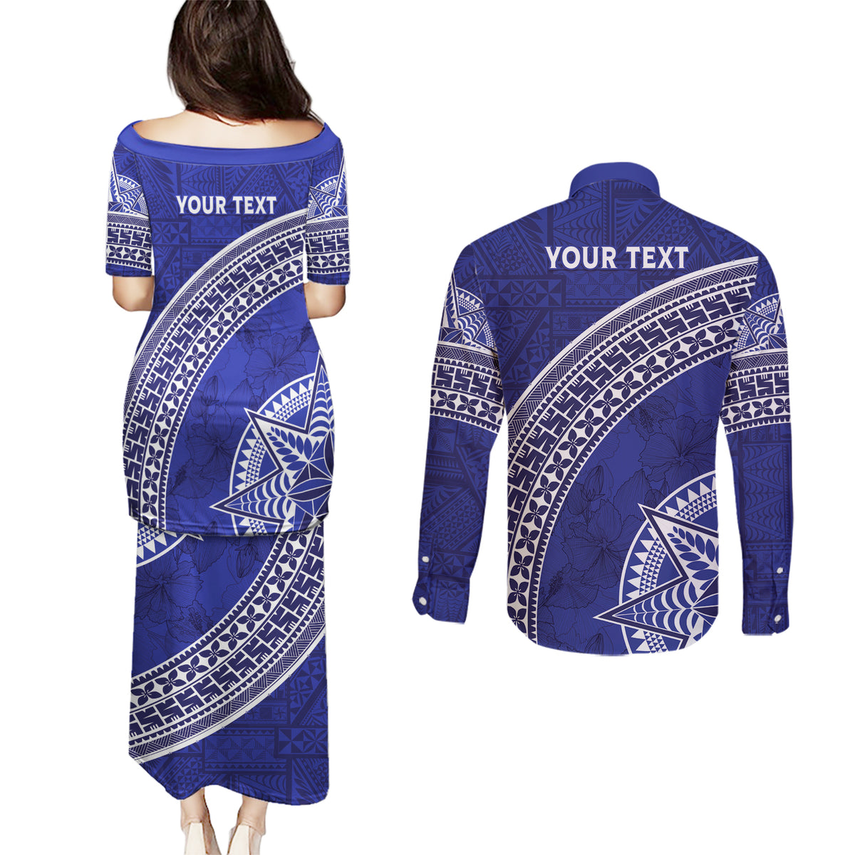 Tupou College Toloa Couples Matching Puletasi and Long Sleeve Button Shirt Ngatu Tapa Mix Style