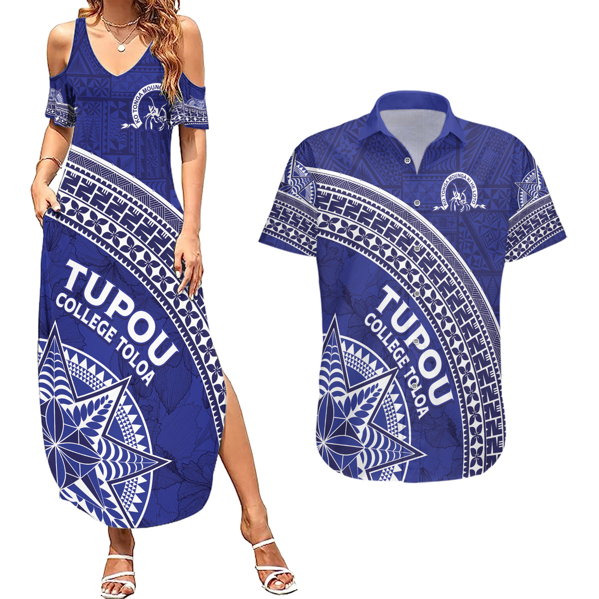 Tupou College Toloa Couples Matching Summer Maxi Dress and Hawaiian Shirt Ngatu Tapa Mix Style