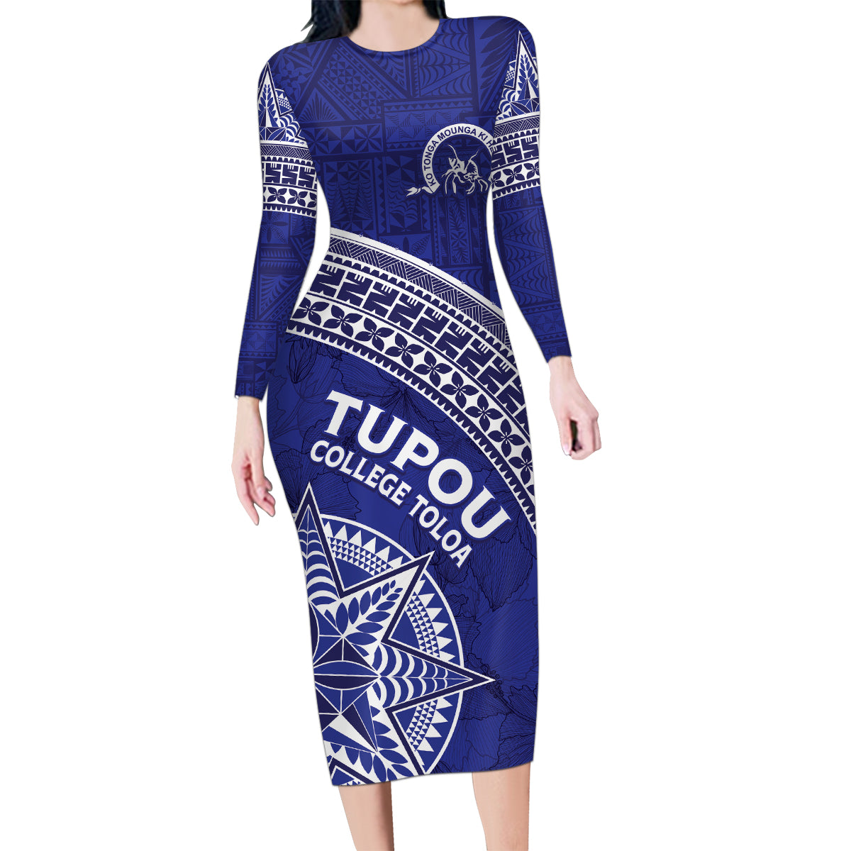 Tupou College Toloa Family Matching Long Sleeve Bodycon Dress and Hawaiian Shirt Ngatu Tapa Mix Style LT7 Mom's Dress Blue - Polynesian Pride