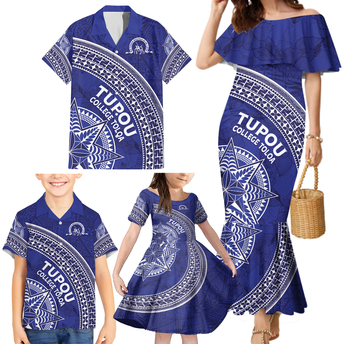 Tupou College Toloa Family Matching Mermaid Dress and Hawaiian Shirt Ngatu Tapa Mix Style